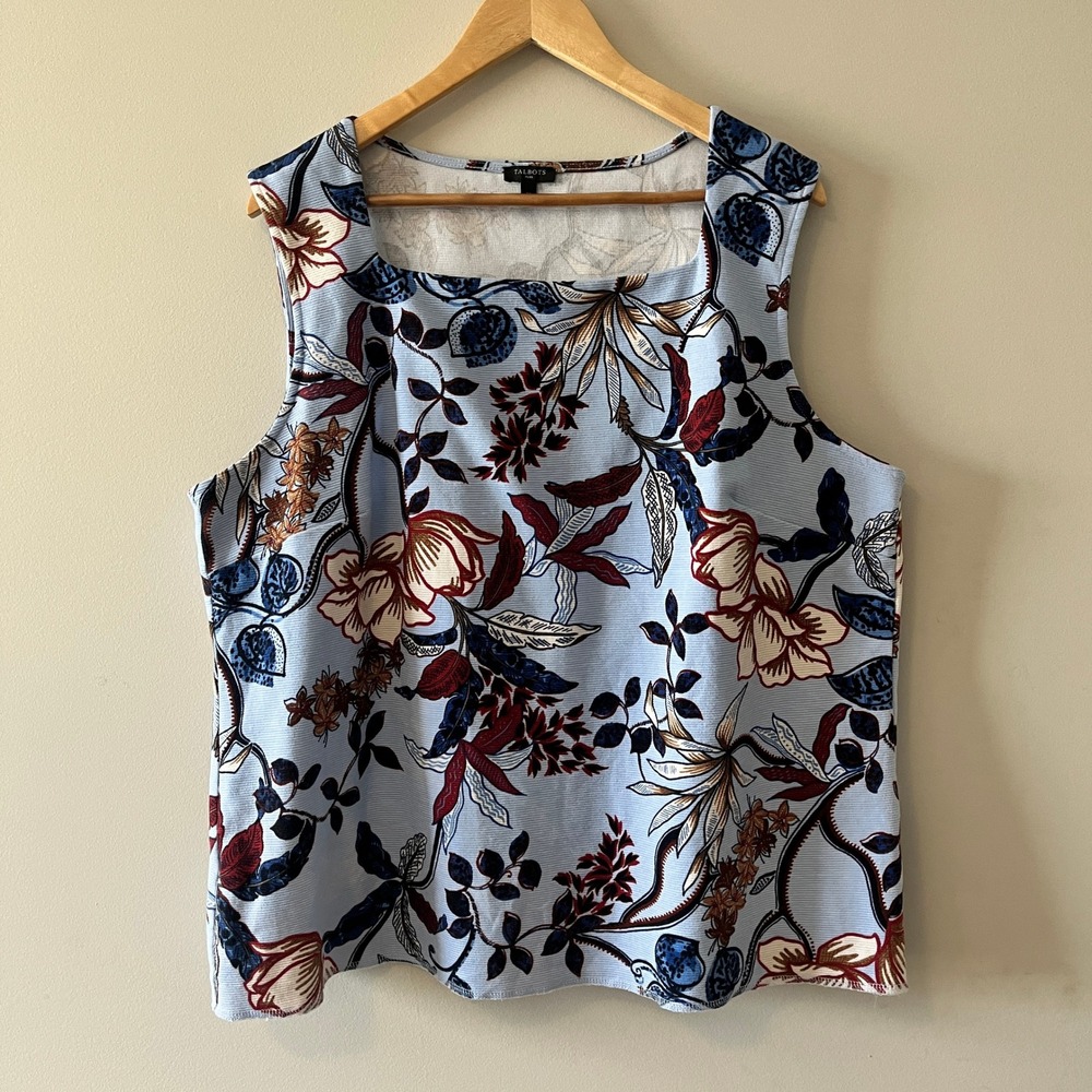 Talbots Plus Floral Sleeveless Shell Top Cottagecore Blue 2X Square Neck Ribbed